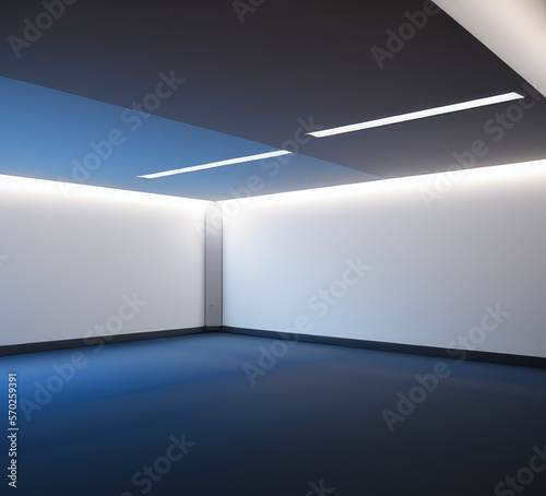 Empty room perspective background with shiny fluorescent led light. Ai generated image.