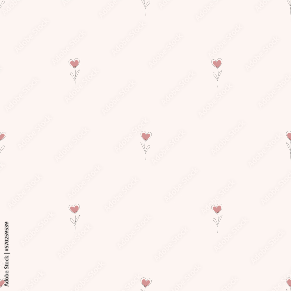 Heart shaped doodle flower seamless pattern, delicate and elegant. Continuous line drawing cartoon vector background for wallpaper, beauty products packaging, vintage linen.