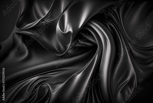 Abstract shiny black silk of cloth, dark background. Generative AI