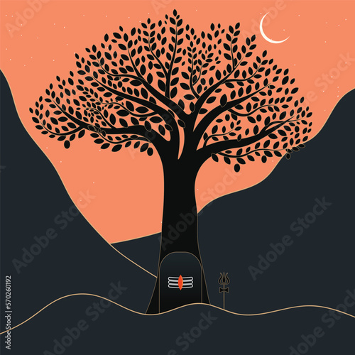 Vector illustration of golden line art lingam, trishul with vilvam tree silhouette background. pooja room decor, Greeting card, banner for Hindu festival Maha Shivratri backdrop.