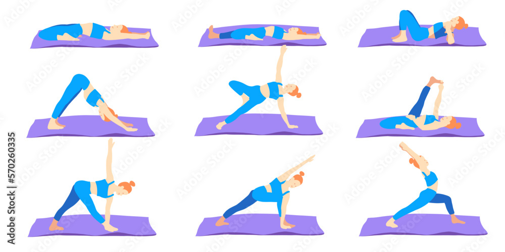 Obraz premium Yoga poses with mat collection. Ginger European female woman girl. Vector illustration in cartoon flat style isolated on white background.