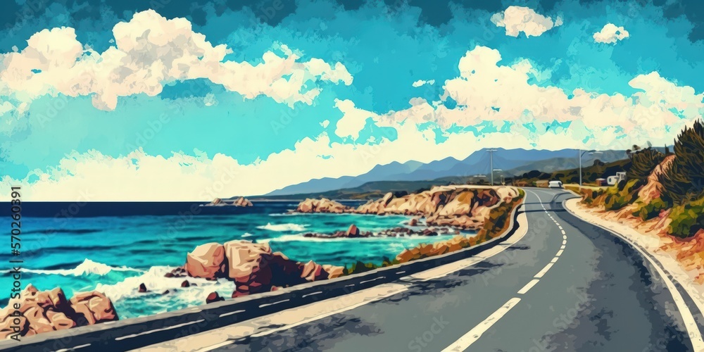 highway view from a beachfront. road scenery in the summer. road scene at the Mediterranean. driving a car on European roads. European coastal road Mediterranean seascape with color. Generative AI