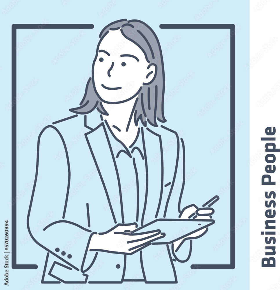 Vector illustration of a business woman using a digital tablet, modern line illustration, simple colors, clean lines, fun, cartoon style Vector illustration of a business woman using a digital tablet, modern line illustration, simple colors, clean lines, fun, cartoon style