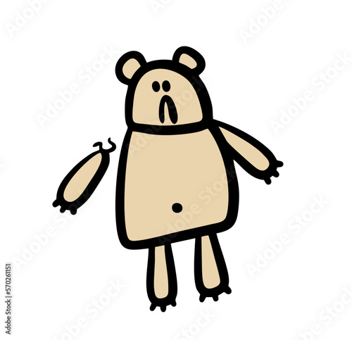 Doodle sad teddy bear with torn paw is a favorite old toy.