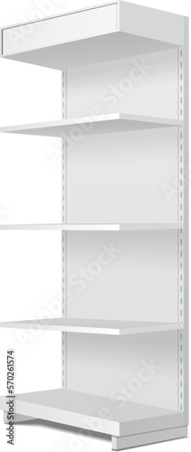 Mockup Blank Empty Showcase Display With Retail Shelves. Perspective View 3D. Illustration Isolated On White Background. Mock Up Template Ready For Your Design. Product Advertising.