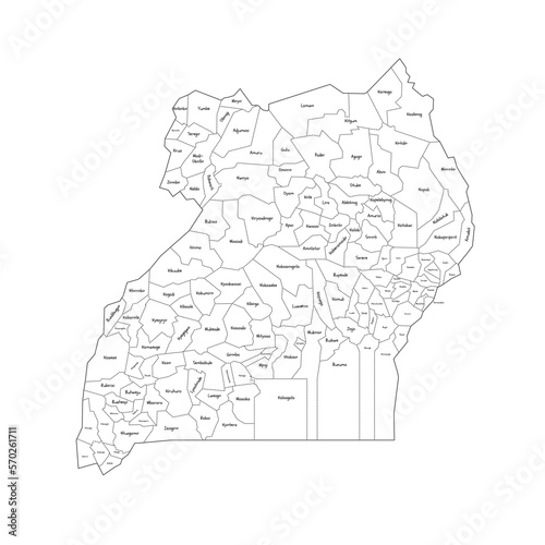 Uganda political map of administrative divisions - districts. Handdrawn doodle style map with black outline borders and name labels.