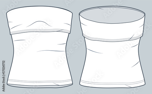 Jersey Top technical fashion Illustration. Strapless Top fashion flat technical drawing template, slim fit, front and back view, white, women CAD mockup.