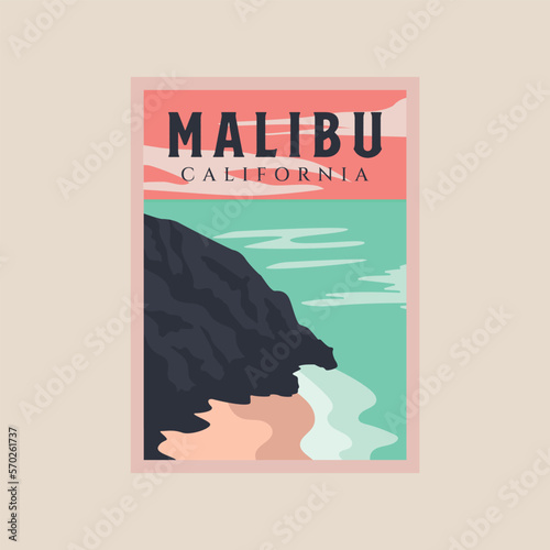 malibu beach vintage poster art illustration design, adventure ocean poster