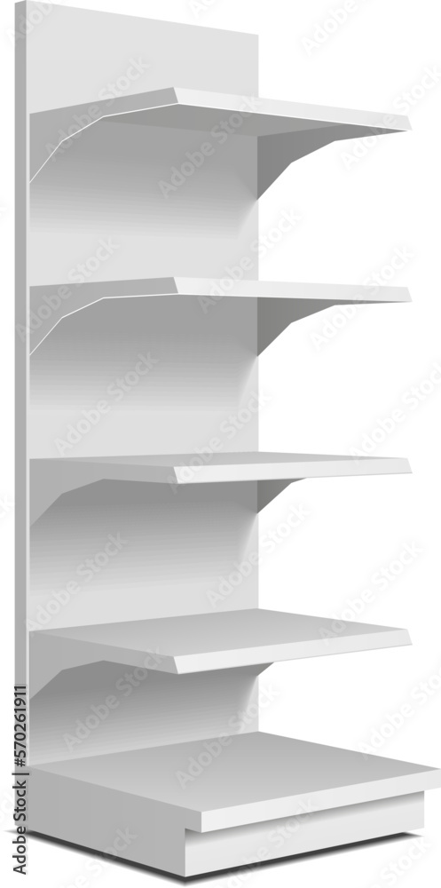 Blank Empty Showcase Display With Retail Shelves. Perspective View 3D. Illustration Isolated On White Background. Mock Up Template Ready For Your Design. Product Advertising. Vector EPS10 Blank Empty Showcase Display With Retail Shelves. Perspective View 3D. Illustration Isolated On White Background. Mock Up Template Ready For Your Design. Product Advertising. Vector EPS10