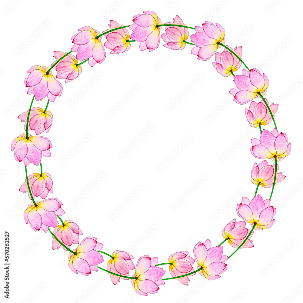 Trendy abstract round frame with pink lotuses, buds, painted with watercolor pencils, PNG file. Suitable for fabrics, prints, postcards, invitations, banners design, internet ads and more.
