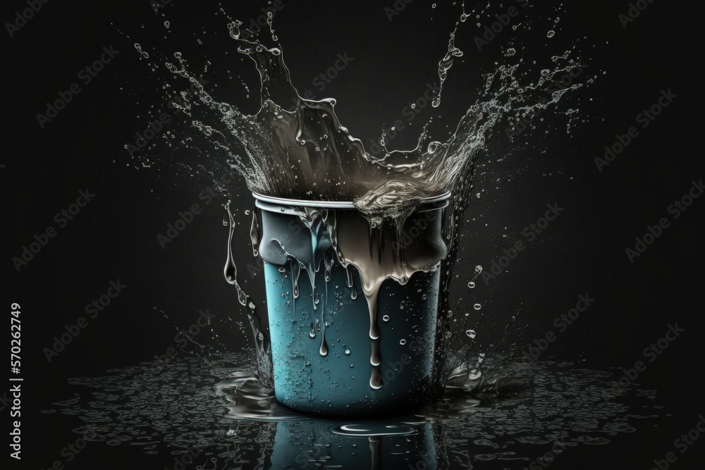 Water in a leaky bucket on a dark background. Generative AI