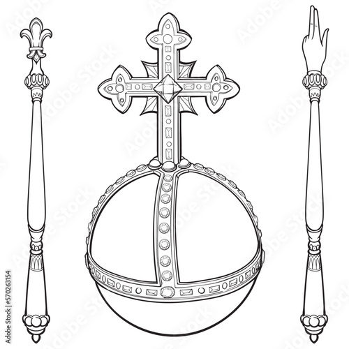 Sceptre and globus cruciger also known as orb. Sign of royal authority. Line drawing isolated on white background. EPS10 Vector illustration