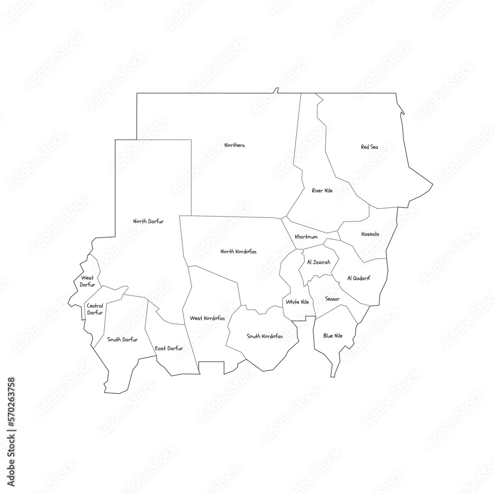 Fototapeta Sudan political map of administrative divisions - states. Handdrawn doodle style map with black outline borders and name labels.