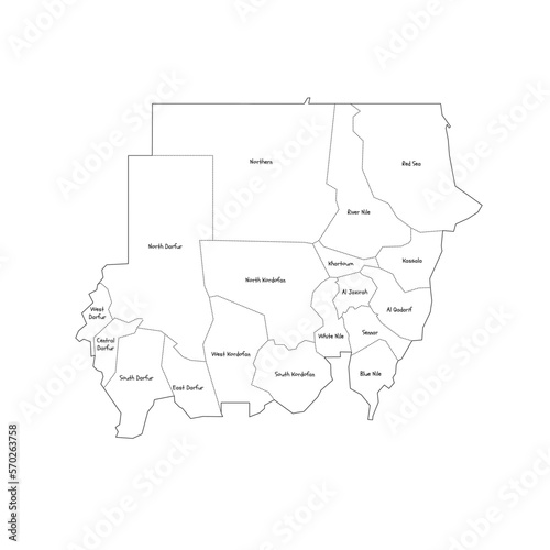 Sudan political map of administrative divisions - states. Handdrawn doodle style map with black outline borders and name labels.