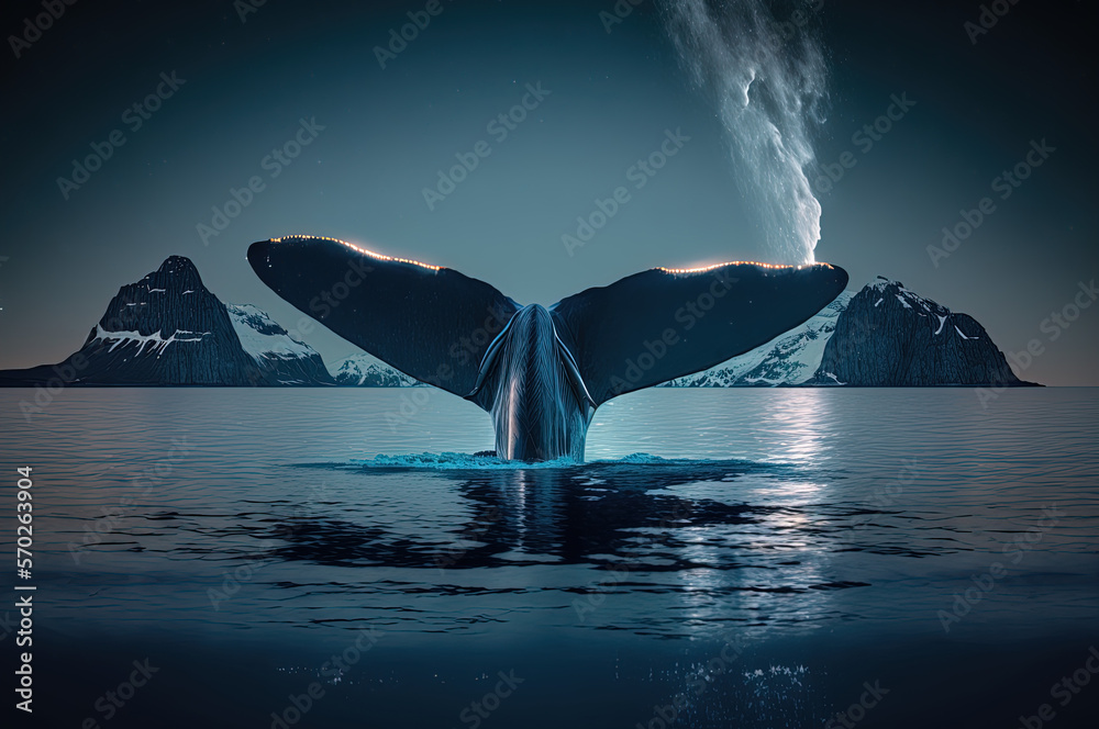 A whale tail breaching the surface of the sea, night sky above iceberg ...
