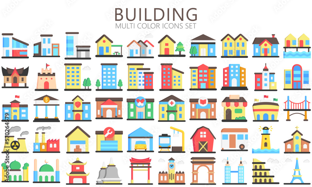 building and landmark icons set. contain such as apartment, condominium, house, building, school and more. vector EPS 10 ready convert to SVG. use for modern concept, UI or UX kit, web and app.