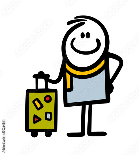 A contented traveler in a scarf holds suitcase on wheels.