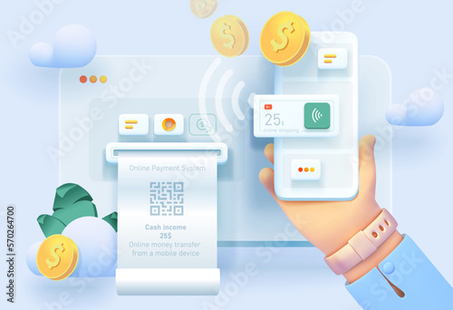 Online payment. Contactless payment with smartphone. RFC technology. Transferring money from a mobile device. Mobile device with money transfer payment system interface. Vector illustration in 3d styl