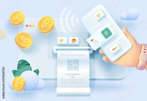 Online payment. Contactless payment with smartphone. RFC technology. Transferring money from a mobile device. Mobile device with money transfer payment system interface. Vector illustration in 3d styl