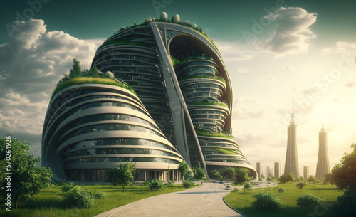 Ecological green city with futuristic architecture, future modern creative architecture city, creative building exterior, generated ai