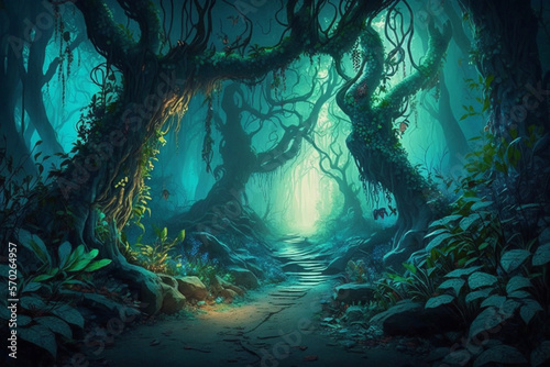 Fantastic fairy forest at night with fantasy multicolored glowing flowers and lights in the style of fantasy, a long tunnel between trees, light up the forest for its inhabitants, generative ai