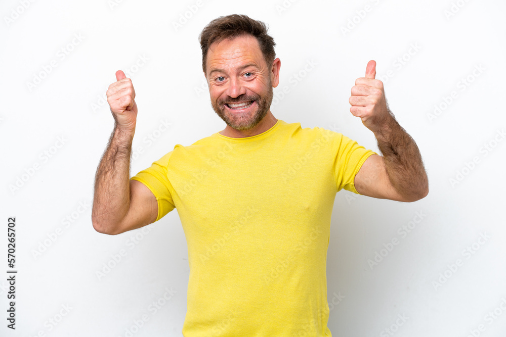 Middle age caucasian man isolated on white background giving a thumbs up gesture Middle age caucasian man isolated on white background giving a thumbs up gesture