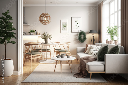 Contemporary Scandinavian Apartment Living Room with Beige Sofa and Dining Area Fototapeta