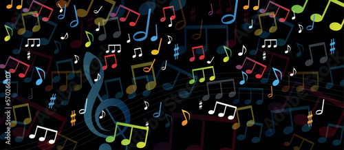 note musicali su sfondo nero, concetto di musica, concerto