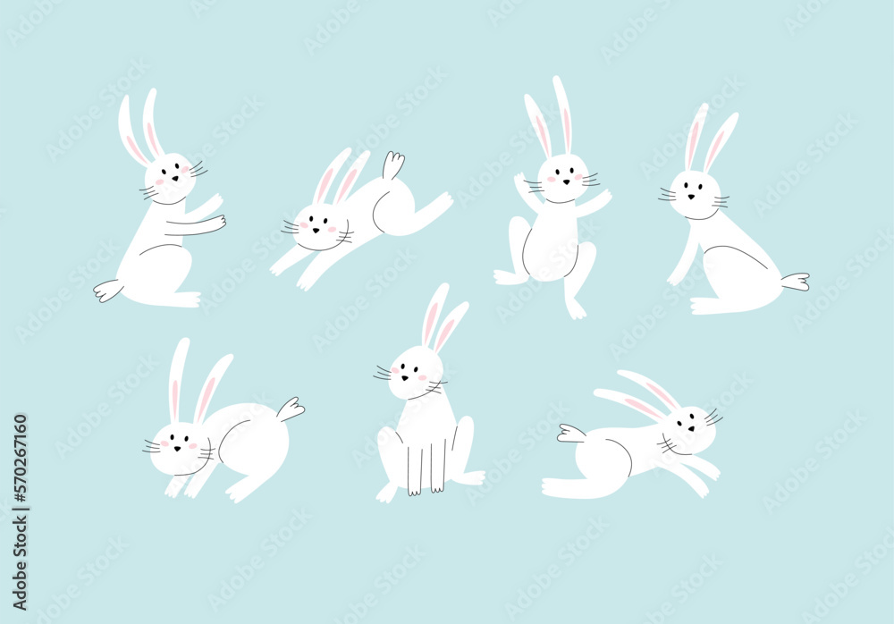 Easter bunny trendy set. Minimalist holiday characters, cute stylized rabbits, vector illustration for prints or greeting cards