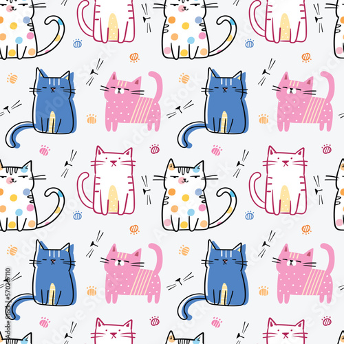 Seamless Pattern with Cartoon Cat Design on Light Grey Background
