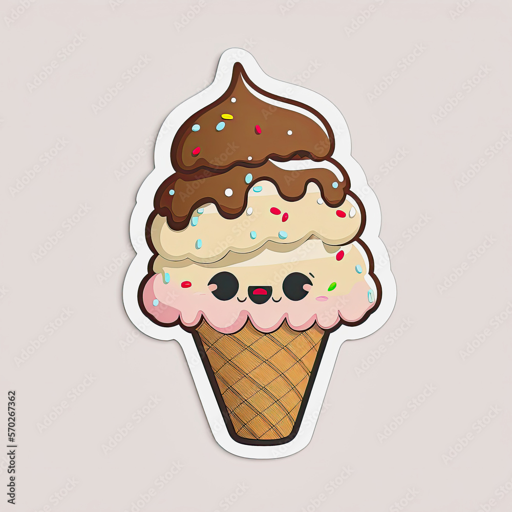 ai generative illustration of a cute ice cream cone with ice cream as sticker