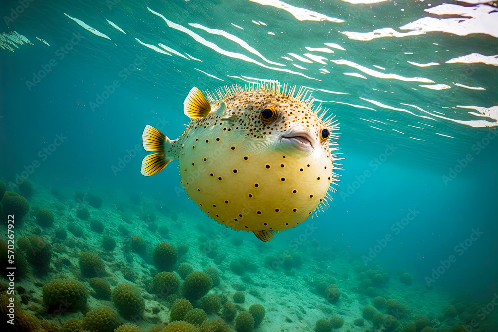 puffer fish in shape of inflated ball floats in sea waters Stock ...