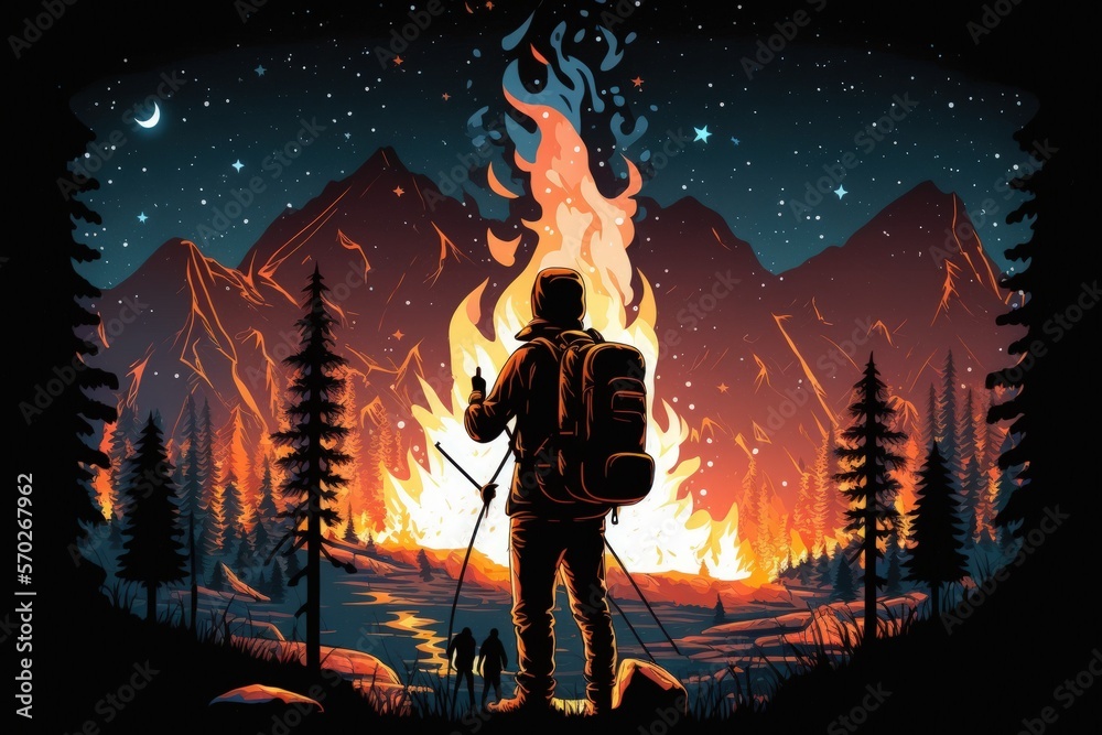 Back view of man hiker looking at night starry sky and raising s while bonfire illuminating male silhouette. Traveler reaching out his s to night sky with stars. Concept of travelling. Generative AI Back view of man hiker looking at night starry sky and raising s while bonfire illuminating male silhouette. Traveler reaching out his s to night sky with stars. Concept of travelling. Generative AI