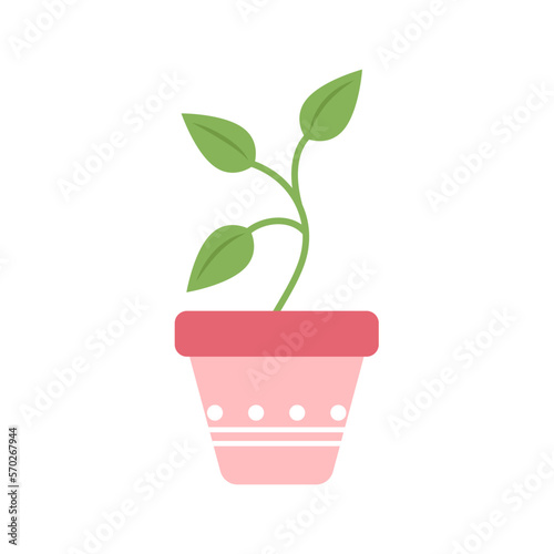 Young green sprout in beautiful pink flower pot. Home floriculture, gardening. Cute design element. Childish print for nursery. For posters, cards, clothes. Vector illustration in flat style