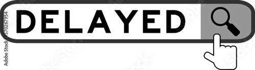 Search banner in word delayed with hand over magnifier icon on white background