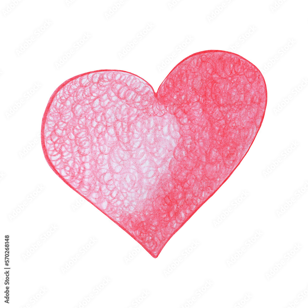 Red Heart Drawn by Colored Pencil. The Sign of World Heart Day. Symbol of Valentines Day. Heart Shape Isolated on White Background.