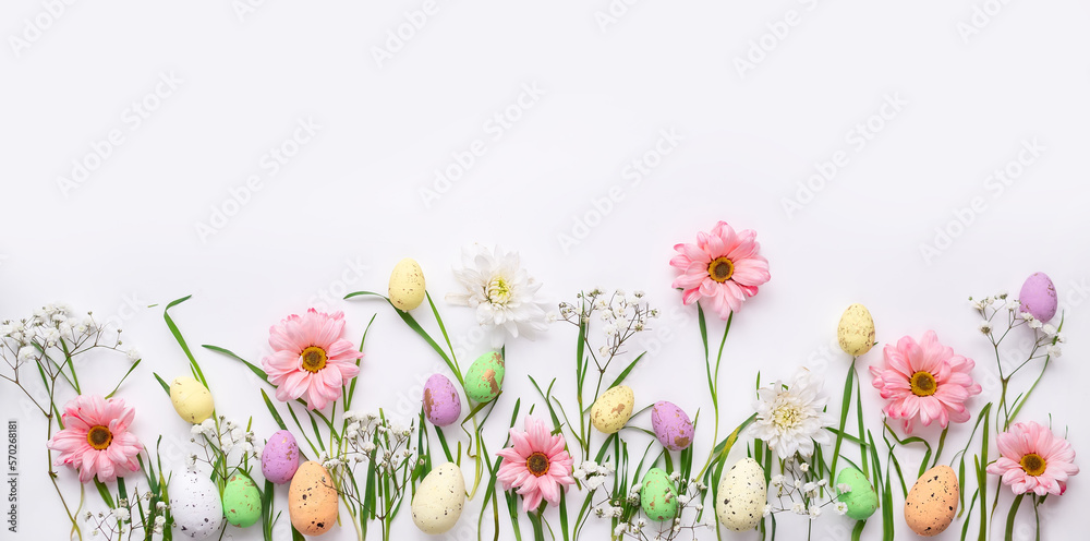Easter template. Background with colorful eggs and flowers.