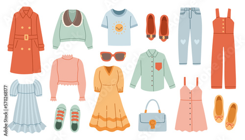 Fashion clothes set. Different apparel collection. Modern casual dress, pants, jeans, shoes and bag. Flat graphic vector
