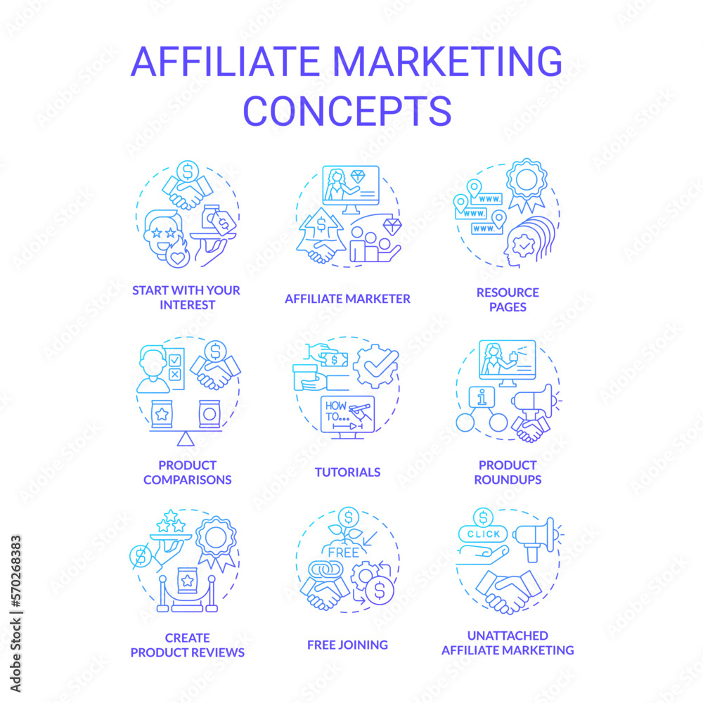 Affiliate marketing blue gradient concept icons set. Business partnership with influencers idea thin line color illustrations. Isolated symbols. Roboto-Medium, Myriad Pro-Bold fonts used