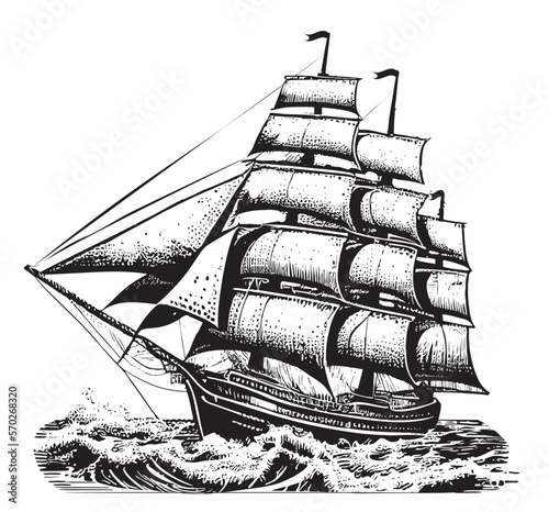 Ship sailboat vintage sketch hand drawn illustration