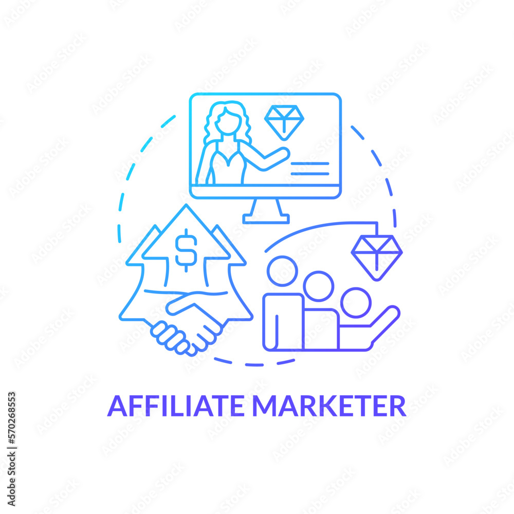 Affiliate marketer blue gradient concept icon. Influencer impact. Party in performance marketing abstract idea thin line illustration. Isolated outline drawing. Myriad Pro-Bold font used