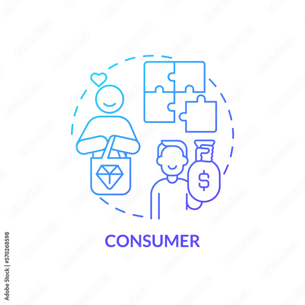 Consumer blue gradient concept icon. Relationship with products buyer. Party in affiliate marketing abstract idea thin line illustration. Isolated outline drawing. Myriad Pro-Bold font used Consumer blue gradient concept icon. Relationship with products buyer. Party in affiliate marketing abstract idea thin line illustration. Isolated outline drawing. Myriad Pro-Bold font used