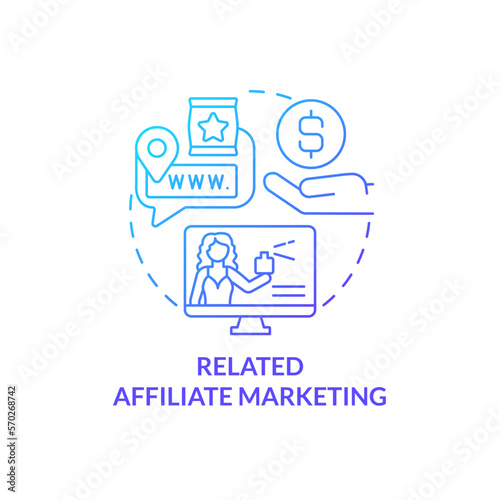 Related affiliate marketing blue gradient concept icon. Products of your niche. Promotion program abstract idea thin line illustration. Isolated outline drawing. Myriad Pro-Bold font used