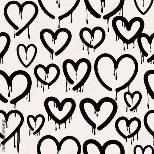 Various unique Hearts. Dripping paint, graffiti style, brush stroke, ink splatter grunge hearts. Hand drawn trendy Vector illustration. Symbol of love, valentine concept. Square seamless Pattern