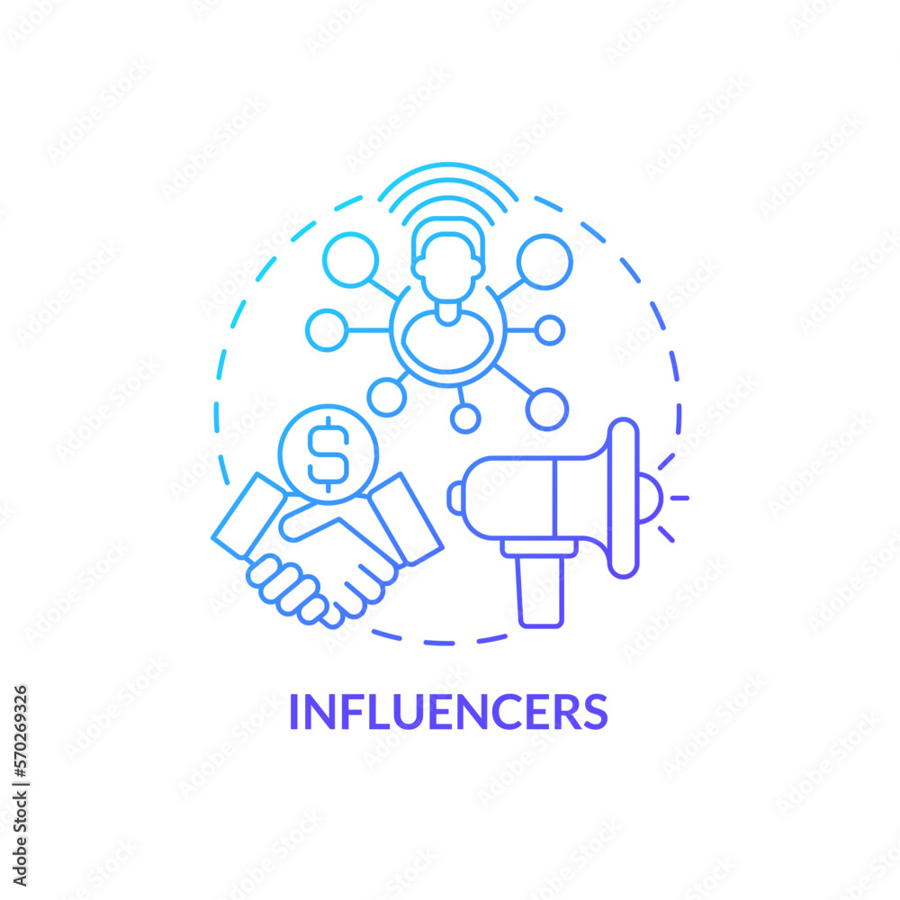 Influencers blue gradient concept icon. Maintain sales on social media. Affiliate marketers type abstract idea thin line illustration. Isolated outline drawing. Myriad Pro-Bold font used Influencers blue gradient concept icon. Maintain sales on social media. Affiliate marketers type abstract idea thin line illustration. Isolated outline drawing. Myriad Pro-Bold font used