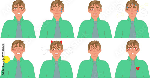 vector illustration set of emotions of a young man