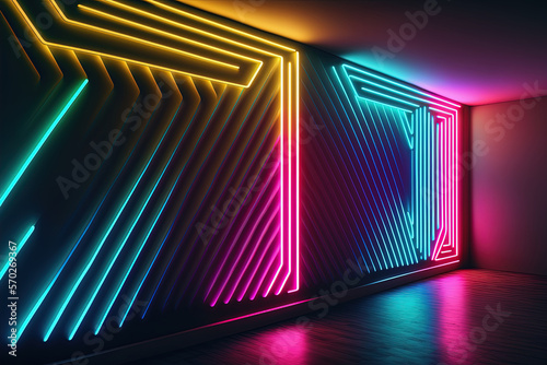 Wall with neon led light shapes. Abstract dark glow background. AI