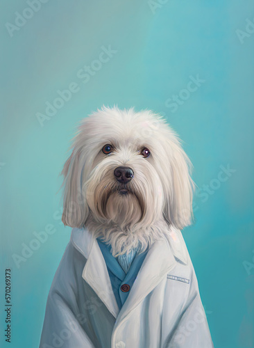Abstract animal concept, small cute white dog in medical white coat as vet, veterinarian doctor on blue background. Illustration. Generative AI.
