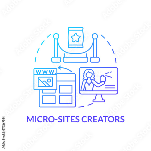 Micro sites creators blue gradient concept icon. Sales online resources. Affiliate marketers type abstract idea thin line illustration. Isolated outline drawing. Myriad Pro-Bold font used