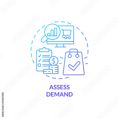 Assess demand blue gradient concept icon. Search business trends. Select affiliate marketing niche abstract idea thin line illustration. Isolated outline drawing. Myriad Pro-Bold font used